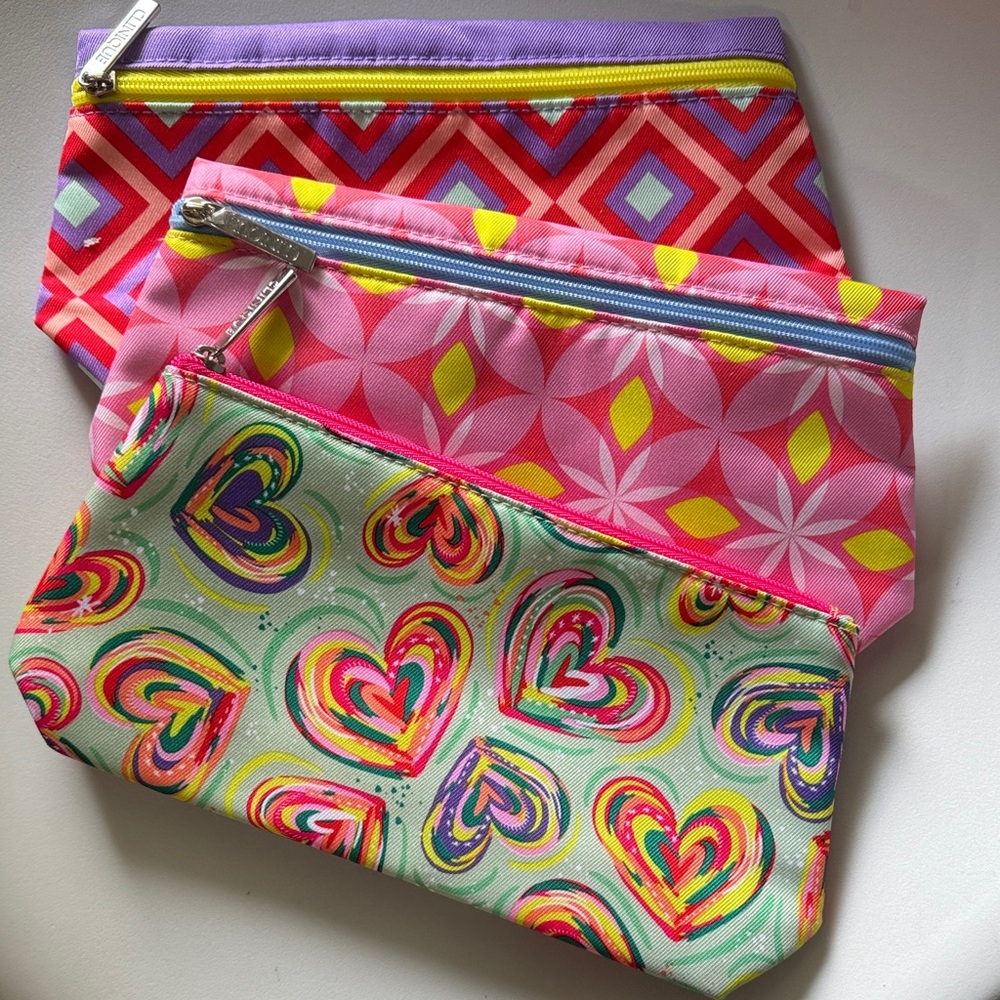 Clinique Multicolor Set of 3 Cosmetic Pouches - Pink, Purple, Yellow, Green